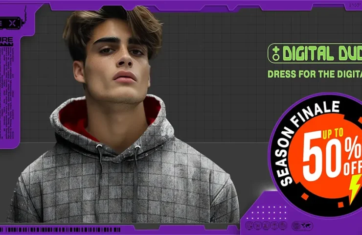 Homepage banner featuring a young gamer man in a stylish gaming hoodie with a 'Season Finale up to 50% Off' offer for GAME ON and LEGENDARY collections at Digital Duds®, perfect for gamers and fashion-forward individuals.