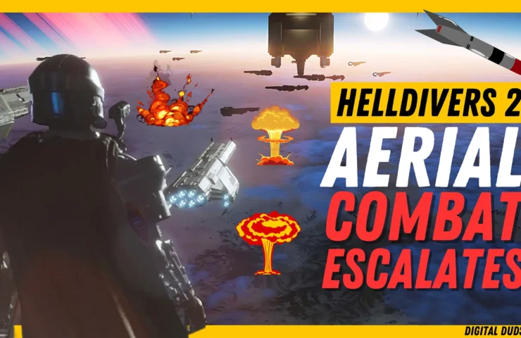 Helldivers 2 game action depicted with a soldier in space gear witnessing explosive aerial combat, highlighting intense in-game battles for Digital Duds' gaming community.