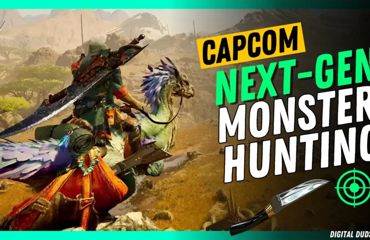 Promotional image for Capcom's Monster Hunter Wilds featuring a hunter in vibrant gear astride a colorful bird-like creature with a desert landscape backdrop. Text highlights 'Capcom Next-Gen Monster Hunting' for Digital Duds' gaming audience.