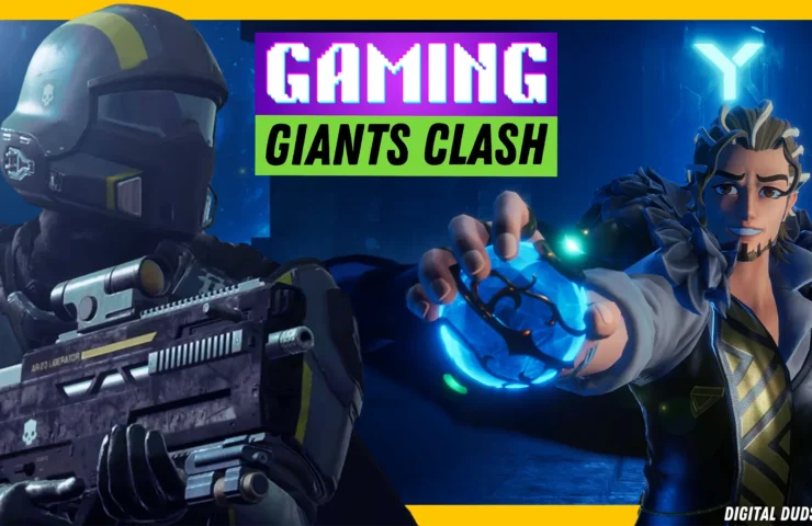 Promotional image featuring a Helldivers 2 soldier holding a gun next to a Palworld character wielding a blue orb, with 'GAMING GIANTS CLASH' in bold text above, for Digital Duds gaming news.