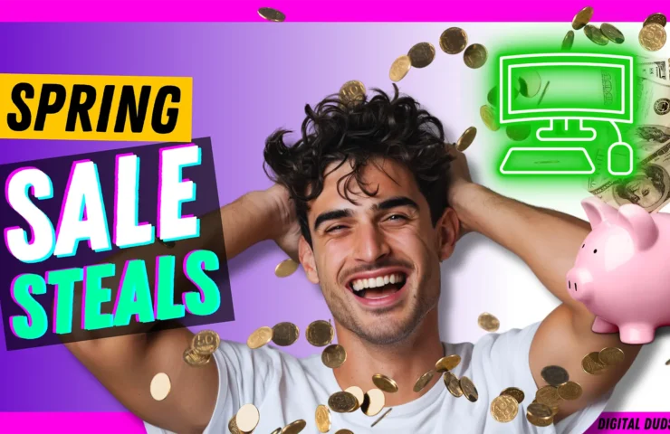 Joyful gamer surrounded by coins and dollar bills, celebrating Spring Sale Steals, with a piggy bank, money, and a computer setup illustrating savings on Digital Duds' gaming deals.