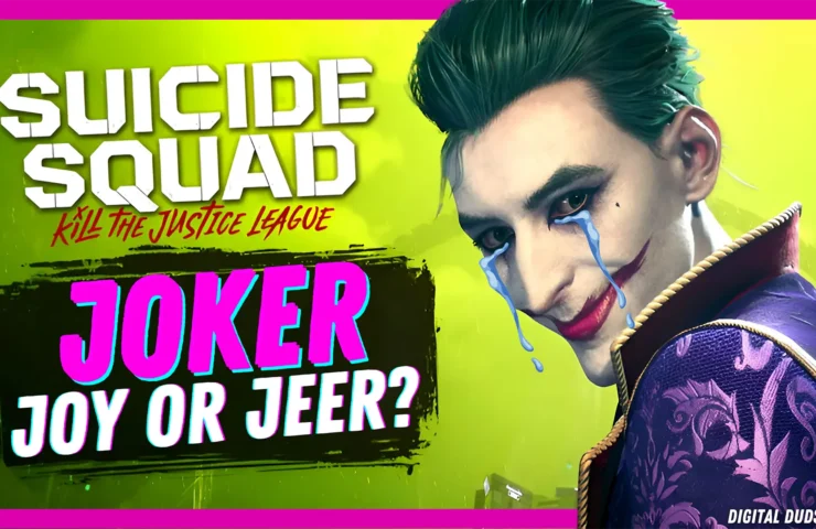 Promotional graphic for 'Suicide Squad: Kill the Justice League' featuring the Joker with a dramatic tear, the title in bold and 'Joy or Jeer?' question, engaging Digital Duds gaming community for an SEO boost.