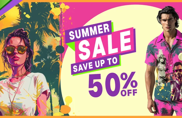 Banner for Digital Duds' Summer Sale, featuring up to 50% off. Vibrant graphics depict stylish individuals in trendy gaming-themed apparel against a backdrop of tropical scenery, embodying the perfect merger of summer vibes and digital culture for the modern gamer. Prominent call-to-action invites visitors to shop the sale now.